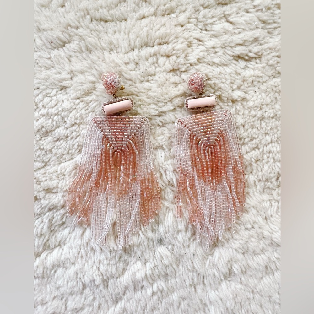 Anthropologie Deepa Gurnani Beaded Pink Fringe Statement Drop Long Earrings